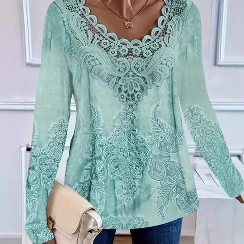 Digital printing lace round neck hollow top m300654