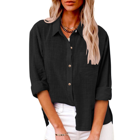 Autumn pocket long-sleeved women's cotton and linen shirt m300463