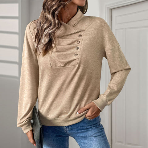 Casual sweater pleated button solid color stand-up neck sweater women's m300800