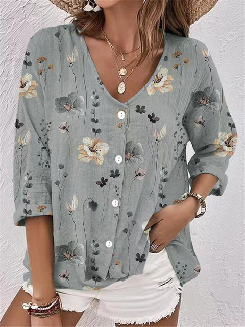 Women's V-neck button chiffon printed cardigan long sleeve m300014