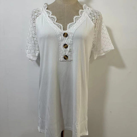 Comfort and Casual Lace Short Sleeve Stitching V-neck Pullover M300159