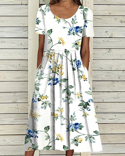 Summer new mid-waist ladies & casual round neck printed swing dress m300040