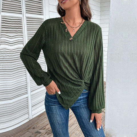 Autumn women's clothing split-ended green V-neck top women's m300630