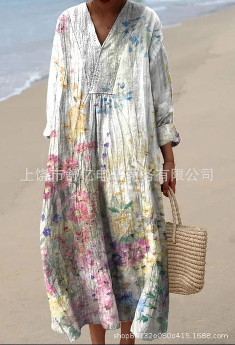 Long Sleeve Shirt Dress Women's Casual Floral 3D Printed Sleeve Long Dress m300911