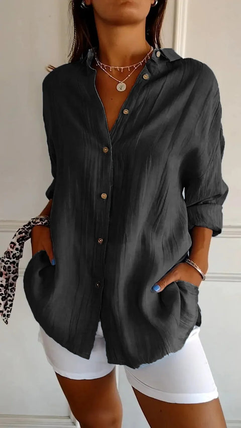 Women's Single-Breasted Pleated Lapel Shirt Solid Color Rollable Sleeves Top M300226