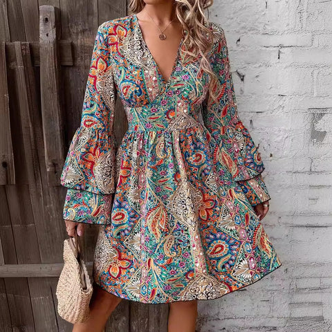 Elegant Women's Floral Print V-Neck Flared Sleeve Dress m300719