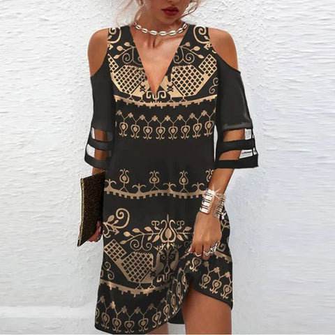 V-neck Positioning Flower Mesh Stitching Half-Length Sleeve Dress M300180