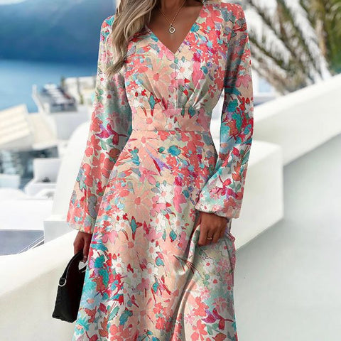 Fashion print dress v-neck long sleeve dress m300931