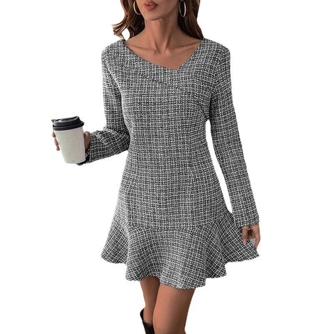 Long-sleeved irregular ruffle edge small fragrant tweed dress m300798