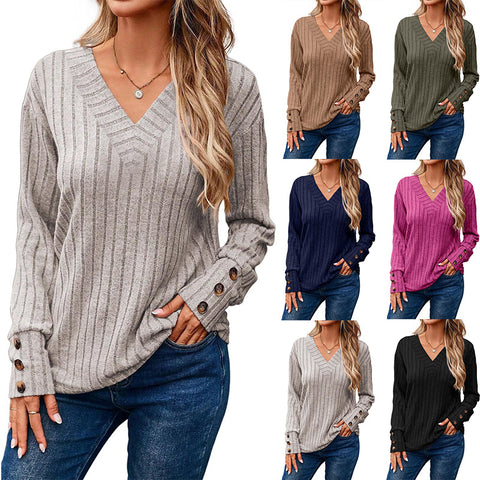 Women's Long Sleeve V-Neck Shirt Solid Color Button T-Shirt m300528