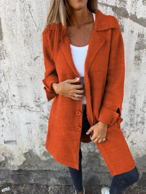 Women's solid color lapel with pocket cardigan single-breasted medium and long coat m300614