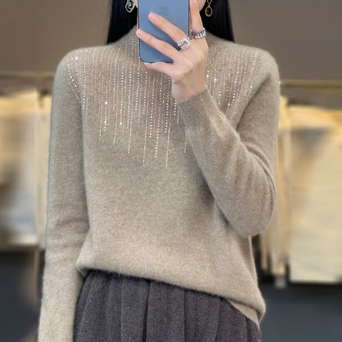 Pure wool semi-turtleneck short diamond-encrusted pullover knitted sweater m300559