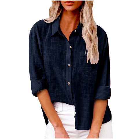 Autumn pocket long-sleeved women's cotton and linen shirt m300463