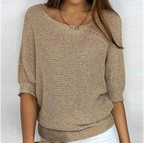 Crew neck knitted sweater elegant seven-quarter sleeve top air-conditioning shirt m300490