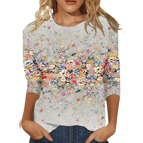 Seven-quarter sleeve plant flower 3D printing crew neck pullover m300615