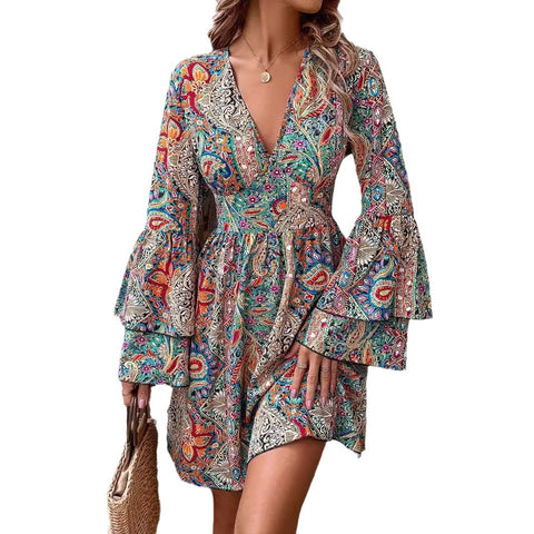 Elegant Women's Floral Print V-Neck Flared Sleeve Dress m300719