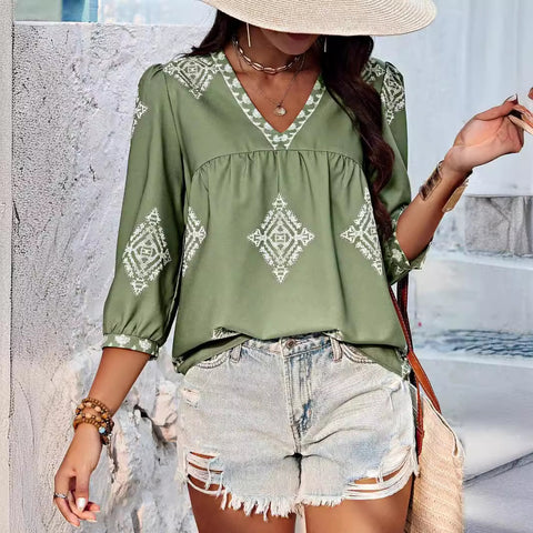 Fashion printed bag seven-quarter sleeve V-neck women's top m301002