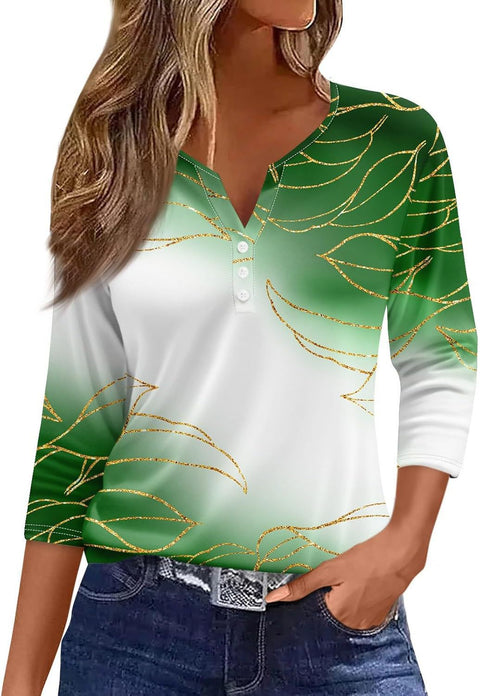 3D printed women's V-neck three-button seven-quarter sleeve fashion casual top m300616