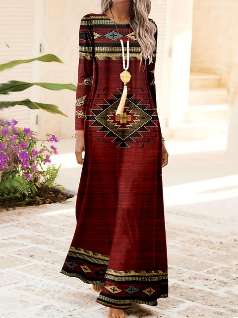 Geometric printing round neck long dress retro ethnic long dress m300711