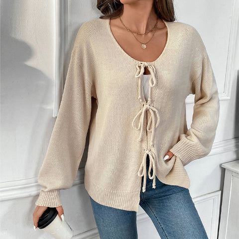 Casual loose and versatile knitted sweater lace-up solid color sweater m300793