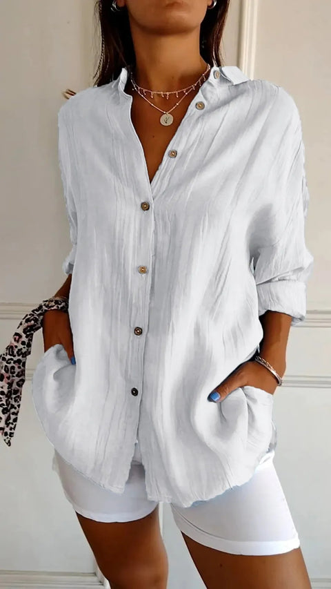 Women's Single-Breasted Pleated Lapel Shirt Solid Color Rollable Sleeves Top M300226