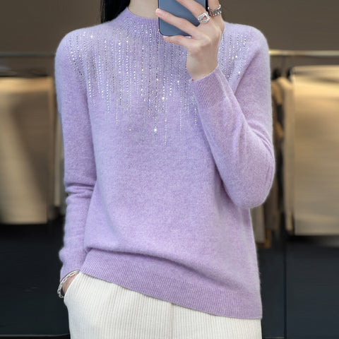 Pure wool semi-turtleneck short diamond-encrusted pullover knitted sweater m300559