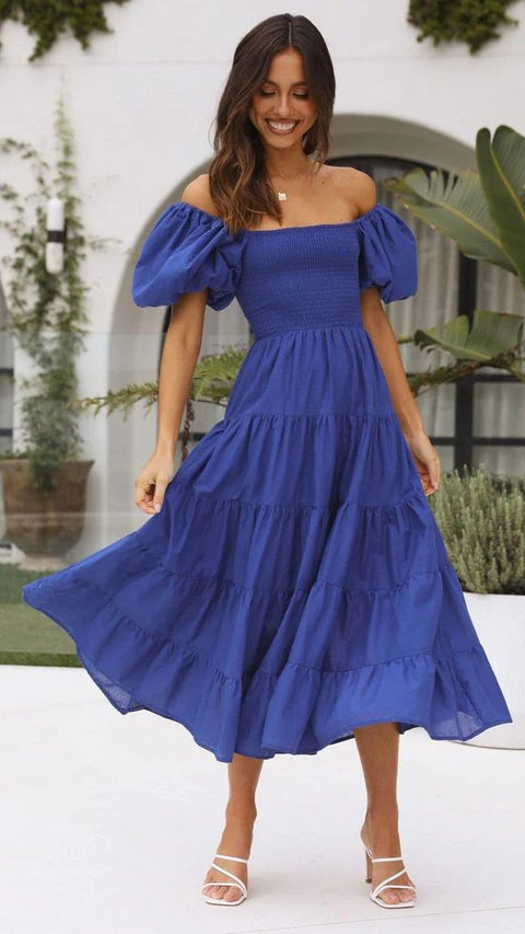 Puff Sleeve Holiday Slim Looking Long Dress off-Shoulder Printed Dress Female M300282