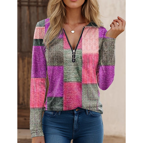 Casual loose print V-neck zipper long-sleeved cashmere T-shirt m300856