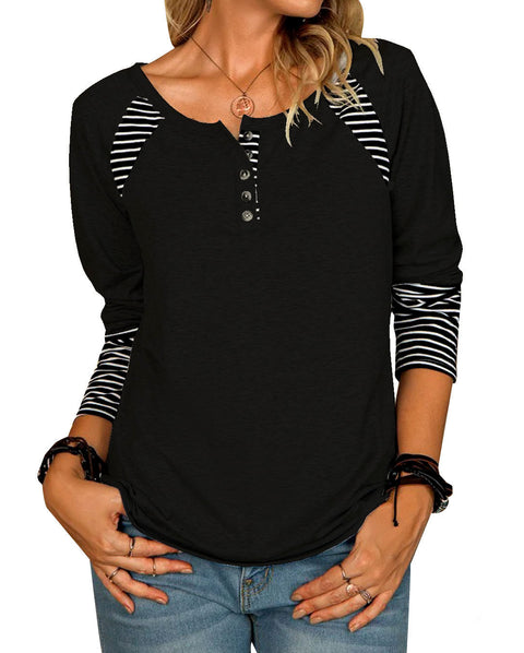 Women's Long-Sleeved Printed Striped Casual T-shirt Top Female M300352