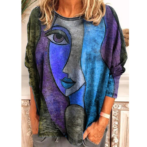 Large size women's face printing long-sleeved loose T-shirt women's m300665