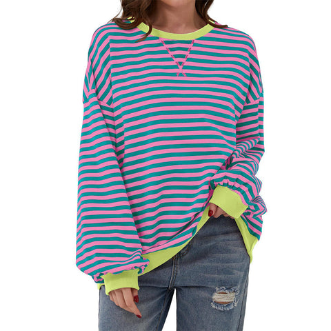 Color striped crew neck loose sweatshirt sweater women m300961