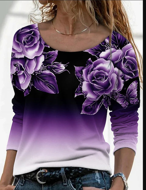 Long Sleeve Loose Crew Neck Casual Pullover 3D Printed T-Shirt Women's m300857