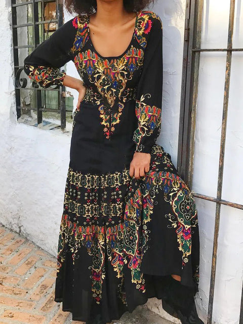 Temperament elegant long-sleeved dress autumn printing U-neck seaside vacation style long dress m300927