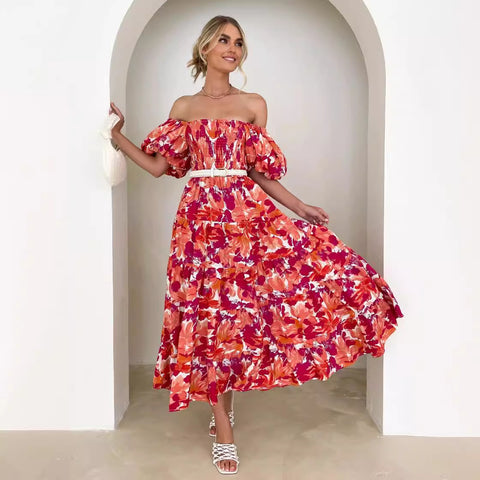 Puff Sleeve Holiday Slim Looking Long Dress off-Shoulder Printed Dress Female M300282