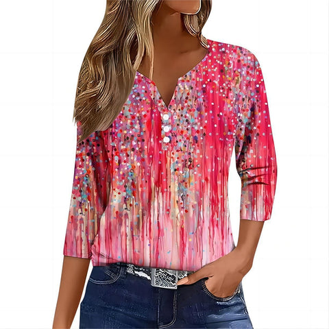 V-neck three-button seven-quarter sleeves, floral smudge printing, fashionable and casual loose women's clothing m300565