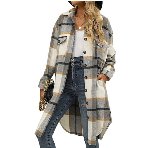 Long flannel plaid lapel button-down trench coat m300574