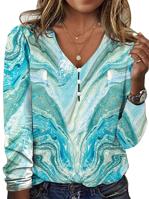 V-neck star tie-dye pearl button long-sleeved T-shirt sweater m300609