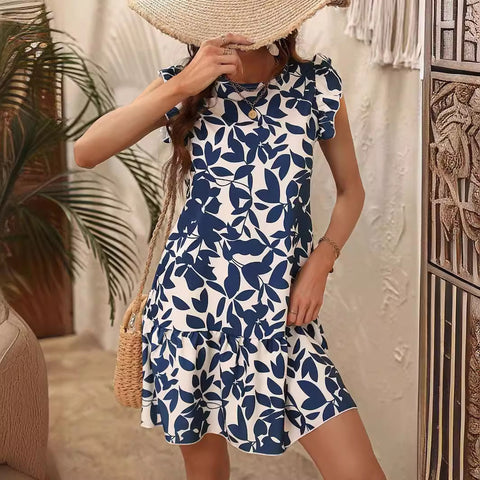 Crew neck flying sleeve printed lotus leaf edge dress women m301018