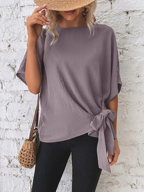 Solid color bat wing sleeve hem knotted loose top m301016