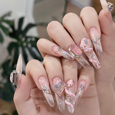 Pure handmade manicure wearing nail piece fake nail sticker pure ice through pink snake baby manicure patch m3331214