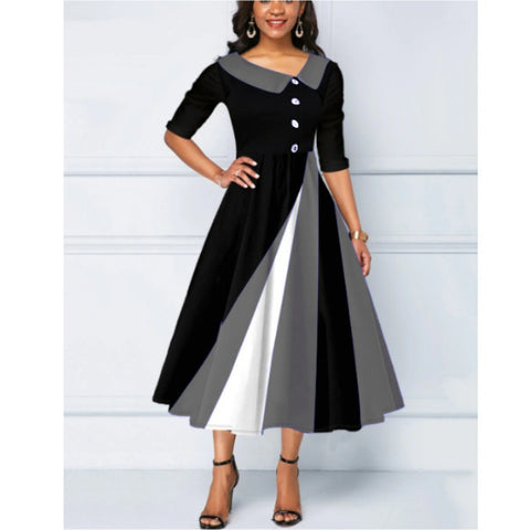 Button embellished 3D printed pendulum five-quarter sleeve long dress m300864