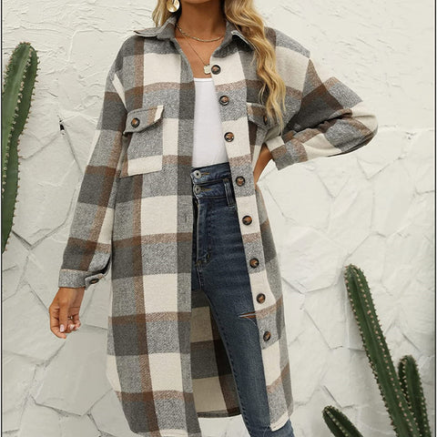 Long flannel plaid lapel button-down trench coat m300574