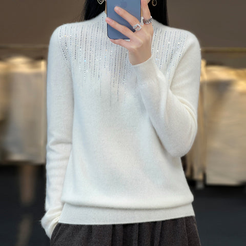 Pure wool semi-turtleneck short diamond-encrusted pullover knitted sweater m300559