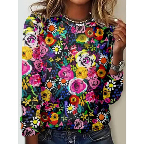 Long Sleeve T-Shirt Women's Solid Color Flower m300934