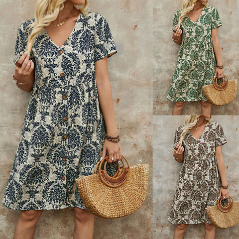 Fashion printed V-neck short-sleeved loose medium dress m301014