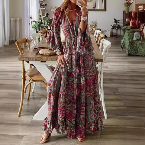 Bohemian Flared Sleeve Printed V-Neck High Waist Vacation Dress m300709