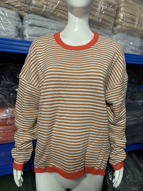 Striped Contrast Design Shoulder Long Sleeve Top m300491