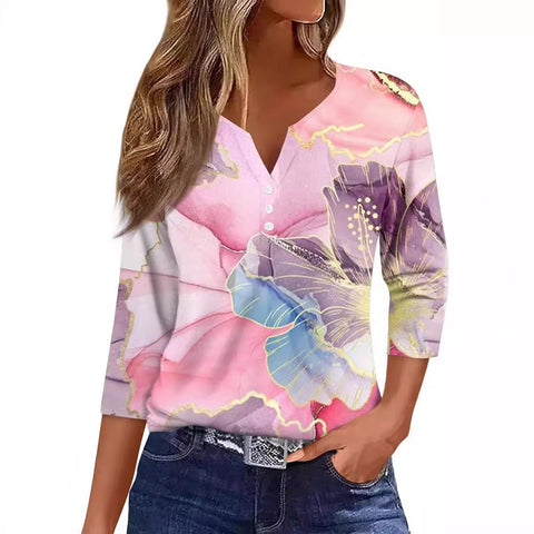 3D printed women's V-neck three-button seven-quarter sleeve fashion casual top m300616