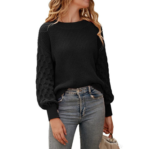 Long Sleeve Crew Neck Sweater Commuter Lantern Sleeve Knitted Top m300511