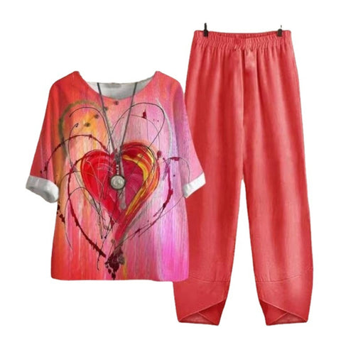 Split sleeved printed top and pants two-piece set m300036